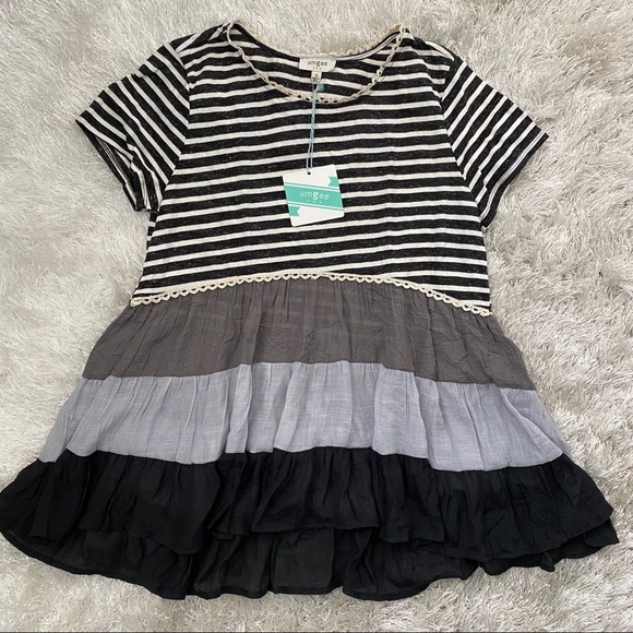 UMGEE Black & Grey Striped Ruffle Tunic Top - Picture 2 of 4